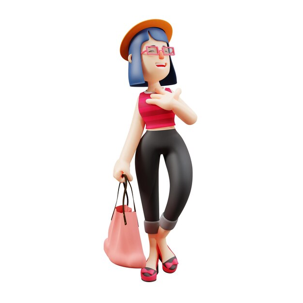 Illustrazione 3D Personaggio 3D Cute Cartoon Woman che tiene una borsa rosa che cammina con le mani sul petto s