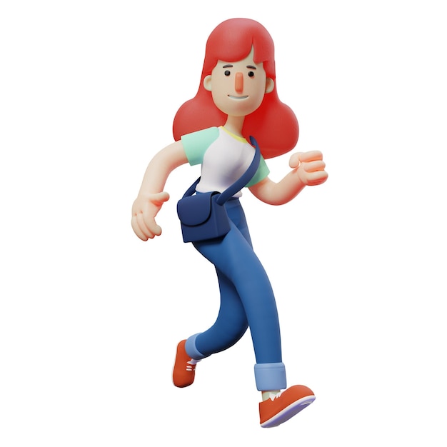 Illustrazione 3D Personaggio carino ragazza 3D Design dei cartoni animati che trasporta una borsa blu che cammina in fretta sh