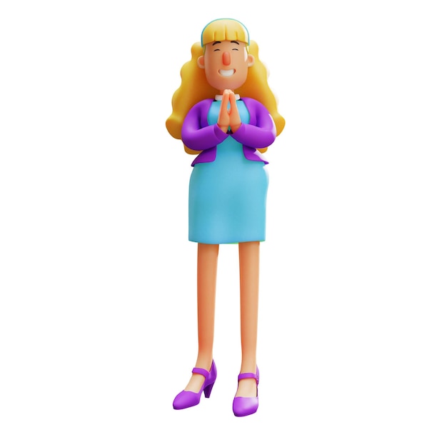 Illustrazione 3D Personaggio dei cartoni animati 3D Cute Business Woman che tiene la mano con la posa degli occhi chiusi