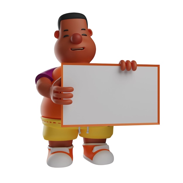 Illustrazione 3D Personaggio di cartone animato 3D Big Boy Funny Face con lavagna ha una pelle esotica fresca