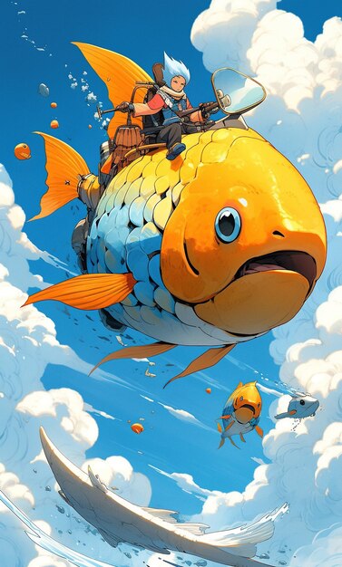 illustrazione 3d pesce volante con uomo isolato nel cielo