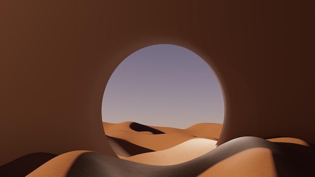 Illustrazione 3D Porta rotonda con deserto al tramonto
