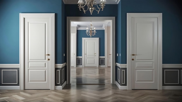 Illustrazione 3D porte classiche bianche nell'interno della sala o del corridoio sullo sfondo