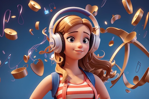 Illustrazione 3D Ragazza dei cartoni animati Personaggio 3D che ascolta musica Segno melodico Concetto di servizio di streaming musicale