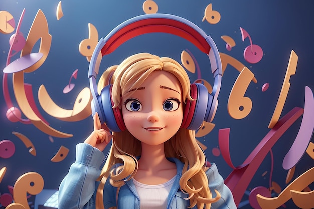 Illustrazione 3D Ragazza dei cartoni animati Personaggio 3D che ascolta musica Segno melodico Concetto di servizio di streaming musicale