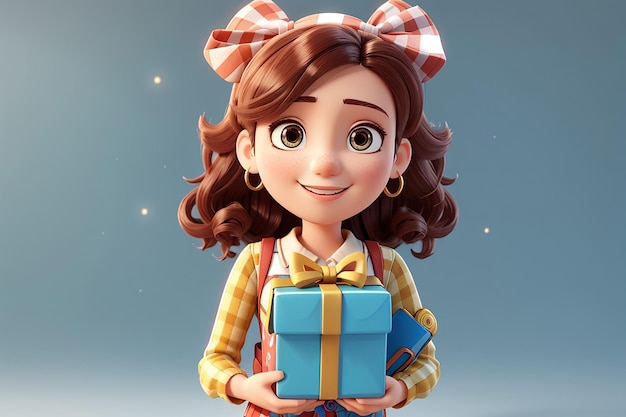 Illustrazione 3D Ragazza dei cartoni animati personaggio 3D con una scatola regalo