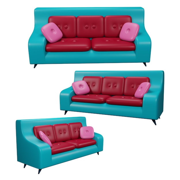 Illustrazione 3D render mobili divano rosso blu con cuscini su sfondo bianco