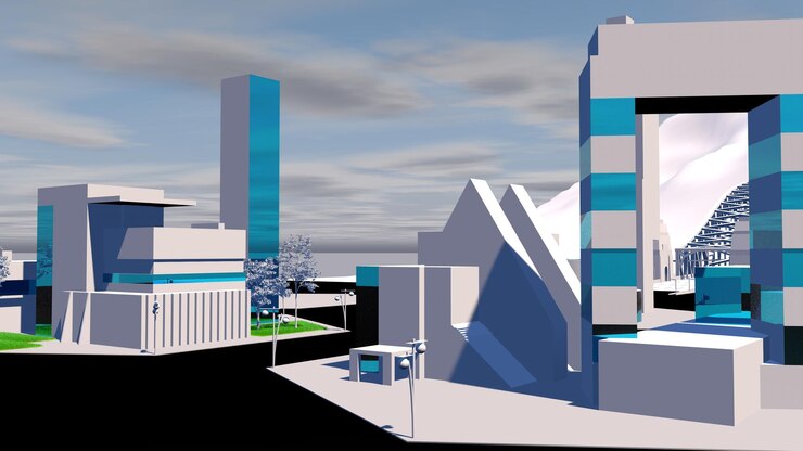 illustrazione 3d, rendering 3d. città futuristica. sfondo blu. metaverso. mondo digitale. Moderno e