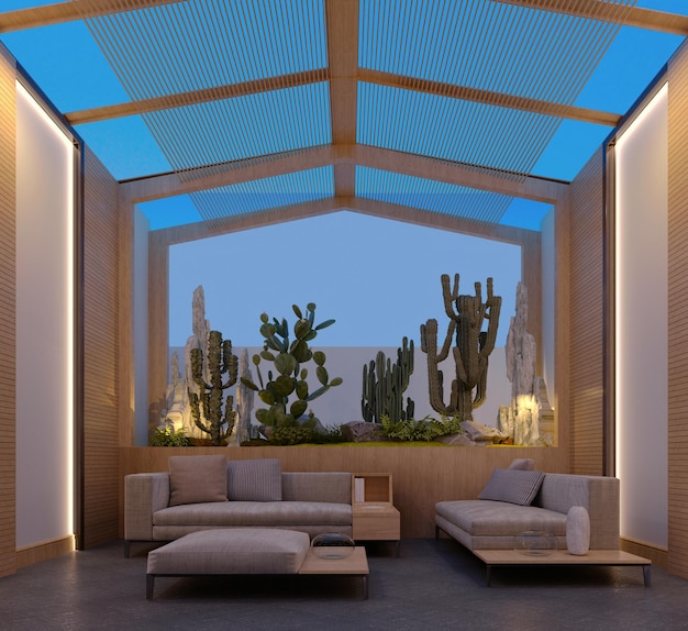 illustrazione 3d rendering 3d Scena interna e Mockupinterior rendering soggiorno giardino nightmodern