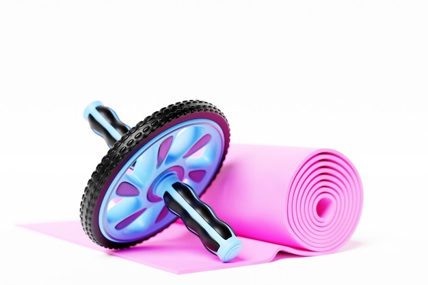 Illustrazione 3D Rullo a due ruote compatto verde manuale con maniglie per l'allenamento della stampa e tappetino rosa Attrezzature per la ginnastica domestica e sportiva per i muscoli addominali