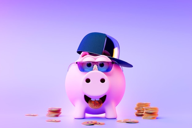 Illustrazione 3D salvadanaio rosa in occhiali da sole con concetto di business creativo Money Il maiale rosa tiene monete d'oro Risparmia e accumula risparmi di denaro Allegro maiale cartone animato