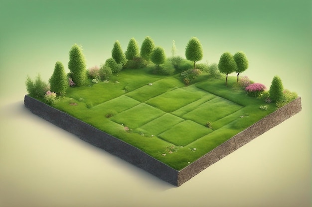 Illustrazione 3d sezione trasversale quadrata del suolo con terreni di terra e terreni di erba verde isolati