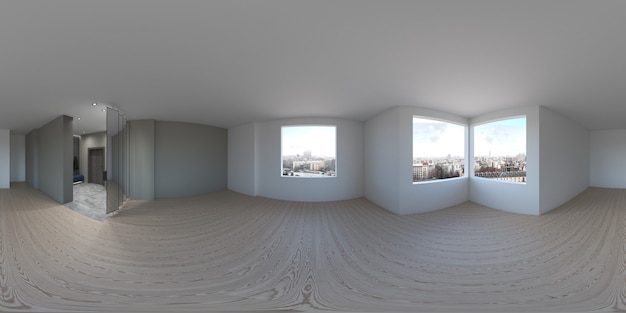 Illustrazione 3d sferica 360 gradi vr un panorama senza soluzione di continuità dei grandi e spaziosi interni moderni