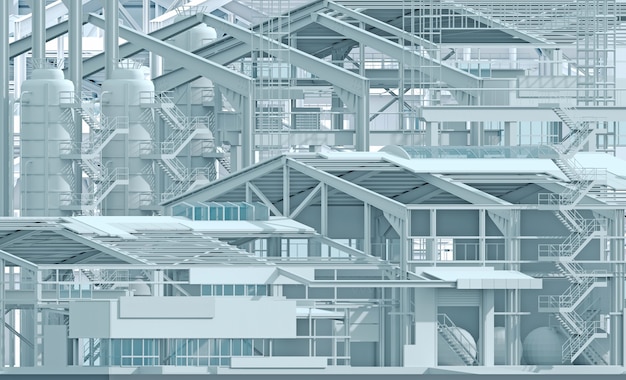 Illustrazione 3D. Sfondo concettuale industria della fabbrica di costruzioni e wireframe. Layout dell'impianto. Società di progetto. Industria edile aziendale