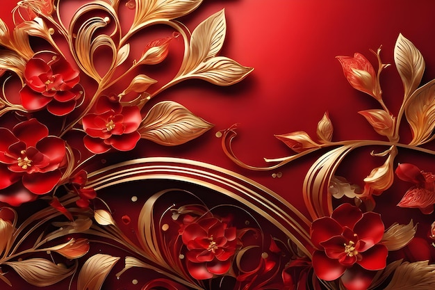 Illustrazione 3d sfondo rosso e oro con ornamenti floreali e fiori