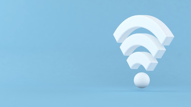 Illustrazione 3D. Simbolo di rete wireless WiFi bianco su sfondo isolato. Concetto di rete e internet.