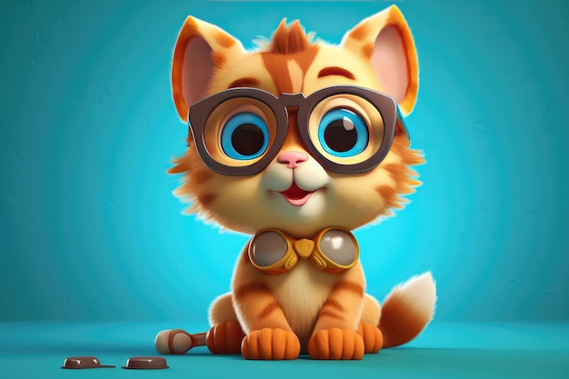 Illustrazione 3D simpatico gatto con gli occhiali in uno stile di personaggio dei cartoni animati infantile AI generativa