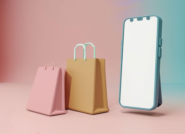 Illustrazione 3D Smartphone con schermo bianco vuoto e shopping bag di carta su sfondo color pastello Concetto di acquisto online