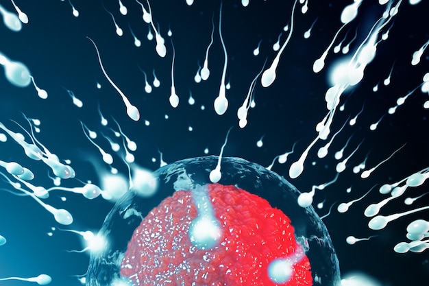 Illustrazione 3D spermatozoo e cellula uovo, ovulo. Sperma in avvicinamento all'ovulo. Concimazione autoctona e naturale. Concezione l'inizio di una nuova vita. Ovulo con nucleo rosso al microscopio, sperma in movimento