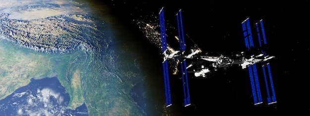 Illustrazione 3D Stazione spaziale internazionale in orbita del pianeta Terra ISS Sfondo scuro Elementi di questa immagine forniti dalla NASA