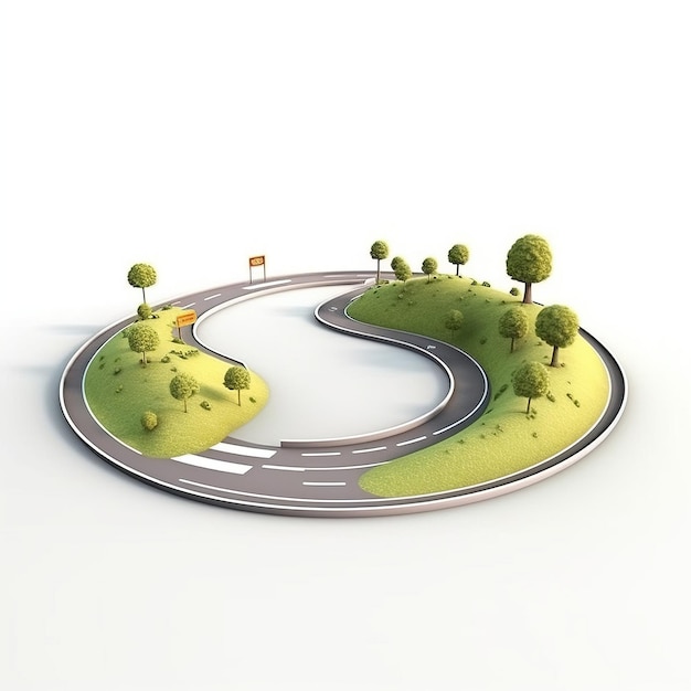 Illustrazione 3D strada rotonda con paesaggio di erba isolato sullo sfondo bianco