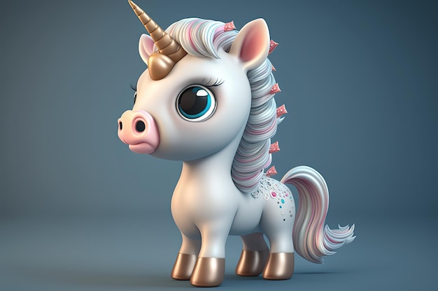 Illustrazione 3d super carino piccolo unicorno con grandi occhi IA generativa