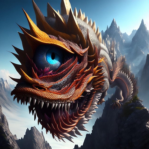 Illustrazione 3D surreale fotorealistica della creatura mostruosa che esce dalla montagna