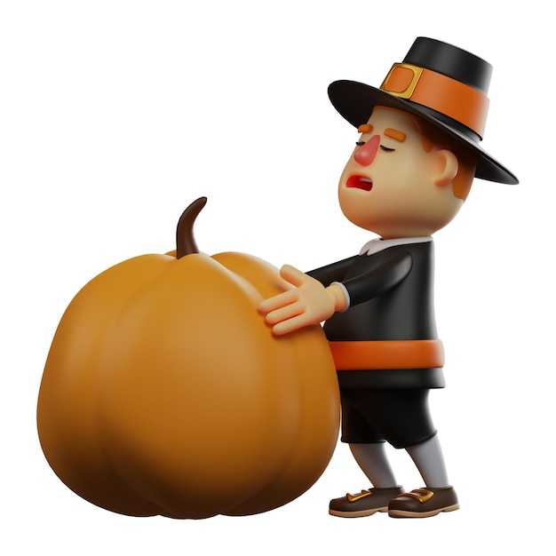 Illustrazione 3D Thanksgiving Pilgrim Man cartone animato con espressione strana spingere la grande zucca