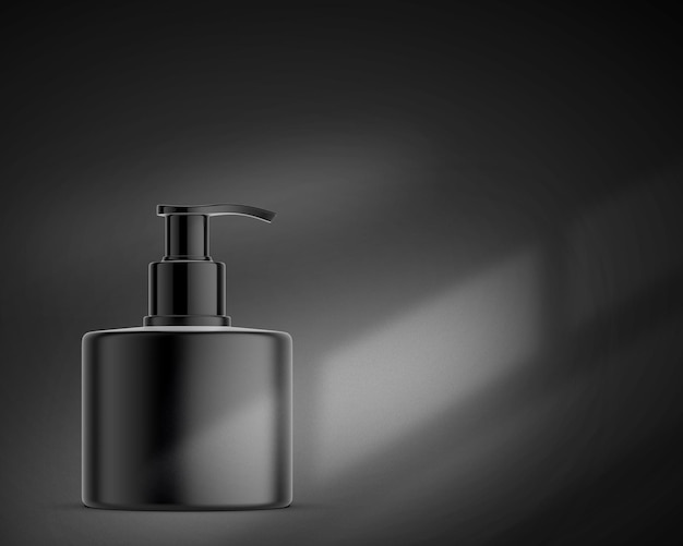Illustrazione 3D Tubo cosmetico a pompa nera su sfondo nero Imballaggio cosmetico