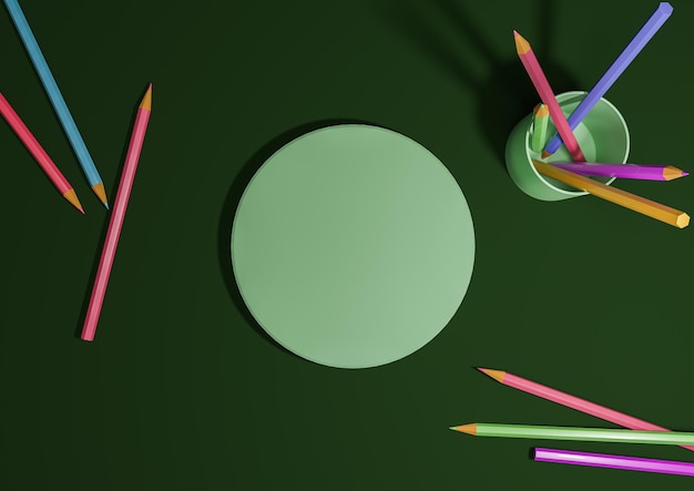 Illustrazione 3D verde scuro per il ritorno a scuola espositore per podio con supporto piatto, matite con vista dall'alto