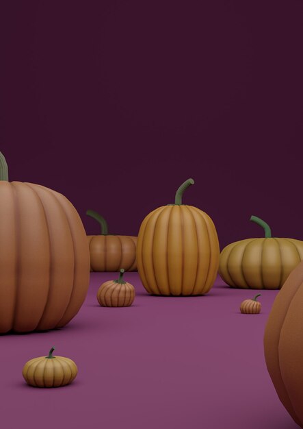 Illustrazione 3D viola magenta scuro autunno autunno Halloween prodotto a tema display podio stand sfondo o sfondo con zucche verticale prodotto fotografia dal lato con posto per il prodotto