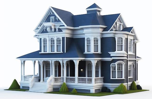 Illustrazione 3D Vista di modello di casa e casa a due piani in stile moderno rendering 3D su sfondo bianco