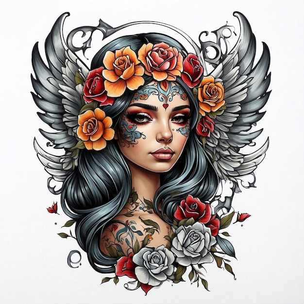 Illustrazione a colori dello stile del tatuaggio della ragazza chicana