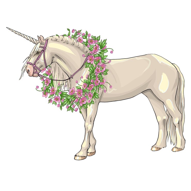 Foto illustrazione a colori di un unicorno con fiori