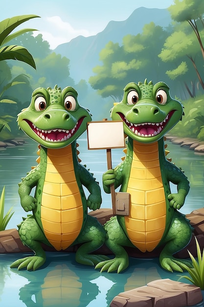 Illustrazione a fumetti di due coccodrilli che tengono un cartello vuoto vicino al fiume