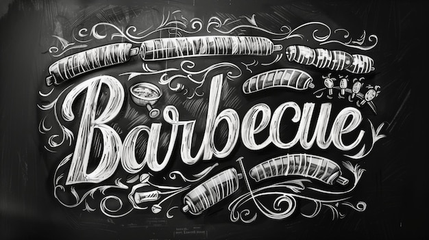 Illustrazione a lavagna del concetto di barbecue con disegni dettagliati di cibo