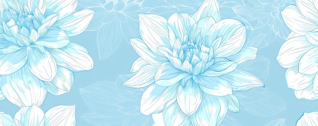 Illustrazione a linea disegnata a mano con inchiostro blu e bianco nello stile dei fiori di dahlia