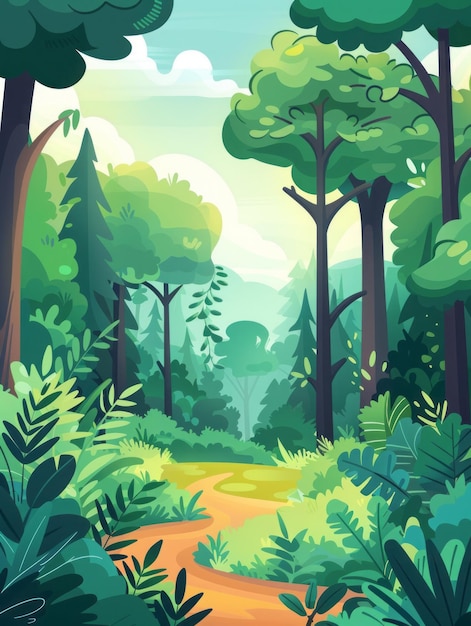 illustrazione a piatto di foresta di cartoni animati