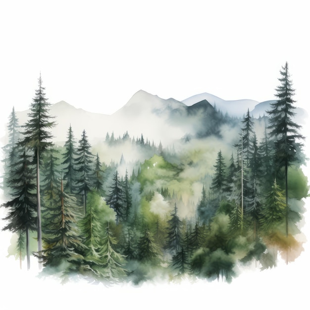 Illustrazione acquerellata iperrealistica di montagne in una foresta