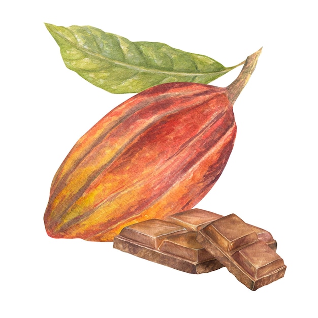 Illustrazione acquerello di frutta di cacao rosso con pezzi e briciole di latte o barretta di cioccolato fondente Illustrazione disegnata a mano isolata Adatto per il menu di design dell'imballaggio