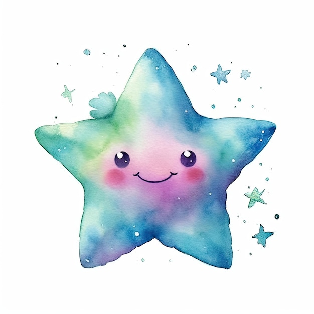 Illustrazione Acquerello Kawaii Star dettagliata