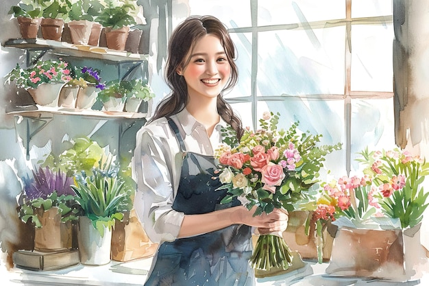 illustrazione ad acquerello bellissima giovane donna sorridente fiorista con un bouquet in mano in un negozio di fiori