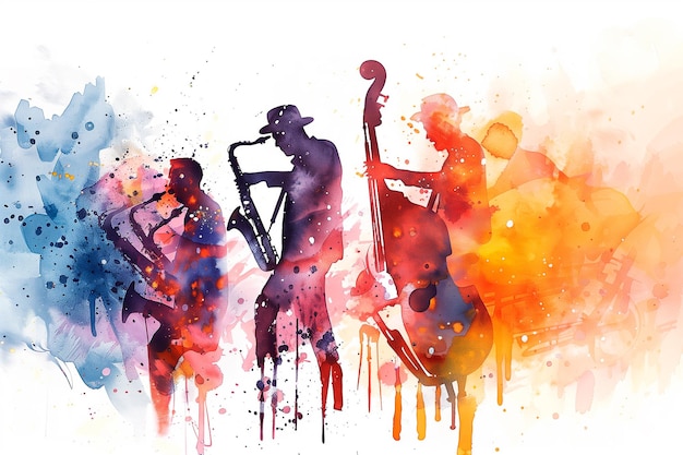 Illustrazione ad acquerello con band di musica jazz dal vivo Giorno della musica Giorno internazionale del jazz