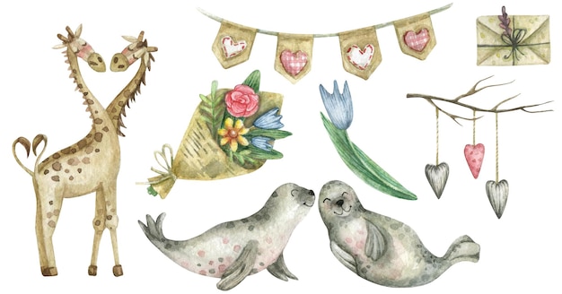 Illustrazione ad acquerello con simpatici animali innamorati e decorazioni a tema San Valentino