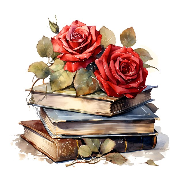 Illustrazione ad acquerello con una pila di libri e rose