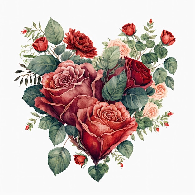 Illustrazione ad acquerello cuore fatto di rose Carta di San Valentino