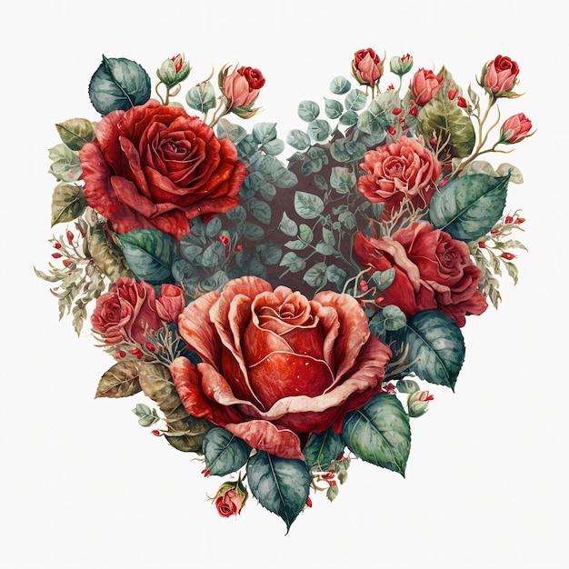 Illustrazione ad acquerello cuore fatto di rose isolate su sfondo bianco Carta di San Valentino