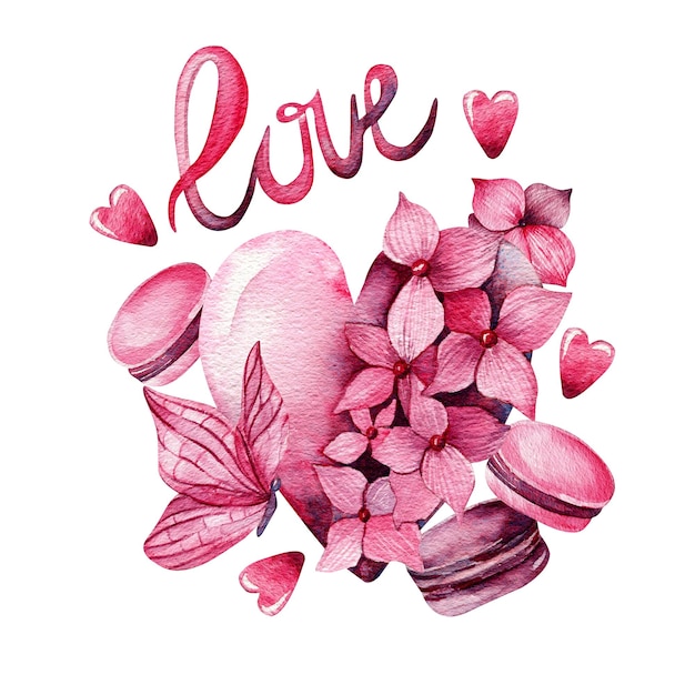 Illustrazione ad acquerello cuore rosa con fiori macaroni iscrizione amore e farfalla Giornata delle Madri