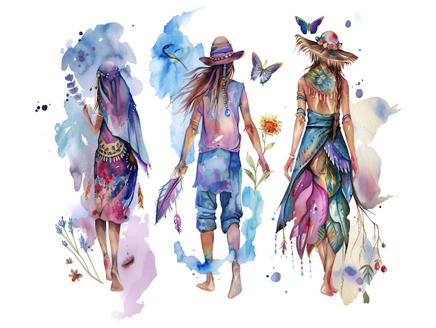 Illustrazione ad acquerello degli hippie boho su sfondo bianco
