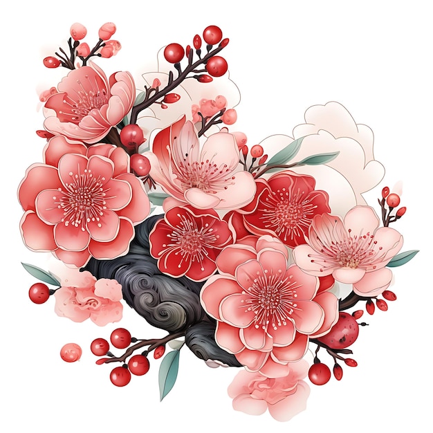 Illustrazione ad acquerello del Capodanno cinese Oggetti e decorazioni in stile cinese vivaci su BG bianco